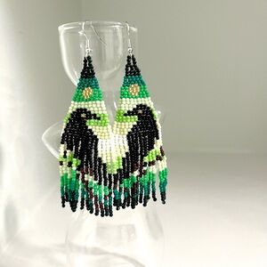 Handcrafted Beaded Raven Earrings - Green and Black